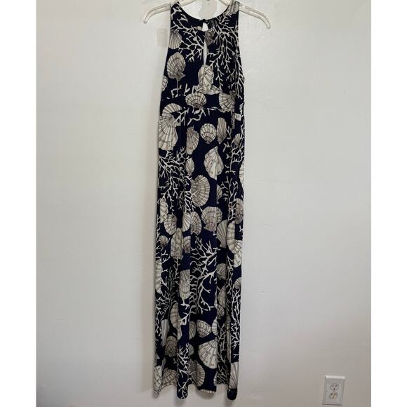 MT COLLECTION Dark Navy Blue Nautical Print Maxi Dress Size Small - Picture 1 of 12
